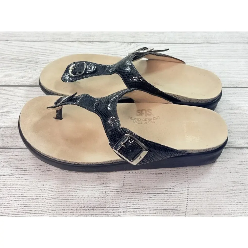 SAS Sanibel Slide Sandal Thong T Strap Buckle Adjustable Black Snake Size 8M